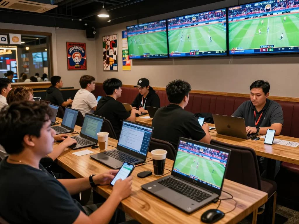 Engaged bettors strategizing at man88a sports betting hub, excitement in vibrant atmosphere.