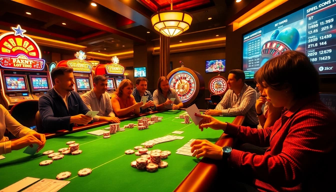 Players enjoying exciting games at Goal123 casino with vibrant tables and slot machines.