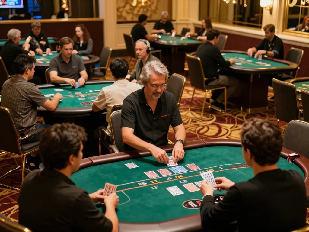 TWIN68 players engaged in an exciting poker game on a vibrant casino floor under warm lighting.