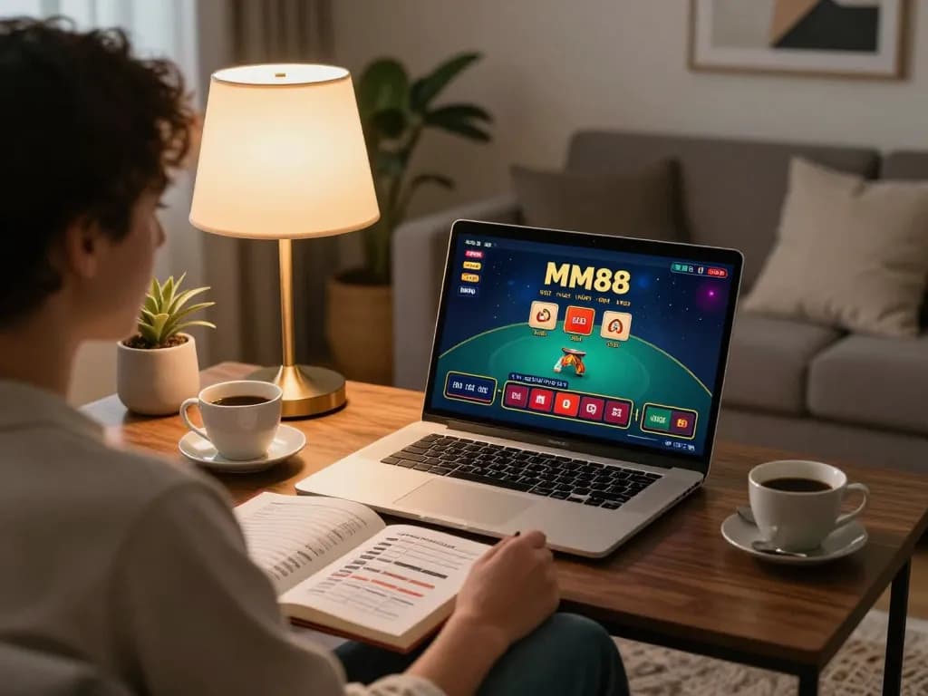 Engaging online gambling session on MM88, highlighting a player's interaction with a live dealer game from a stylish home.
