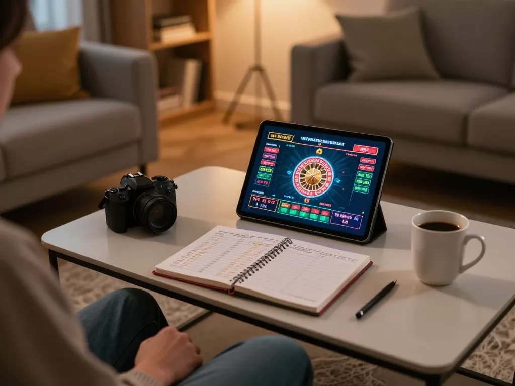 pemain vt789 terlibat dalam permainan kasino langsung di tablet di lingkungan rumah yang nyaman dengan catatan strategi.