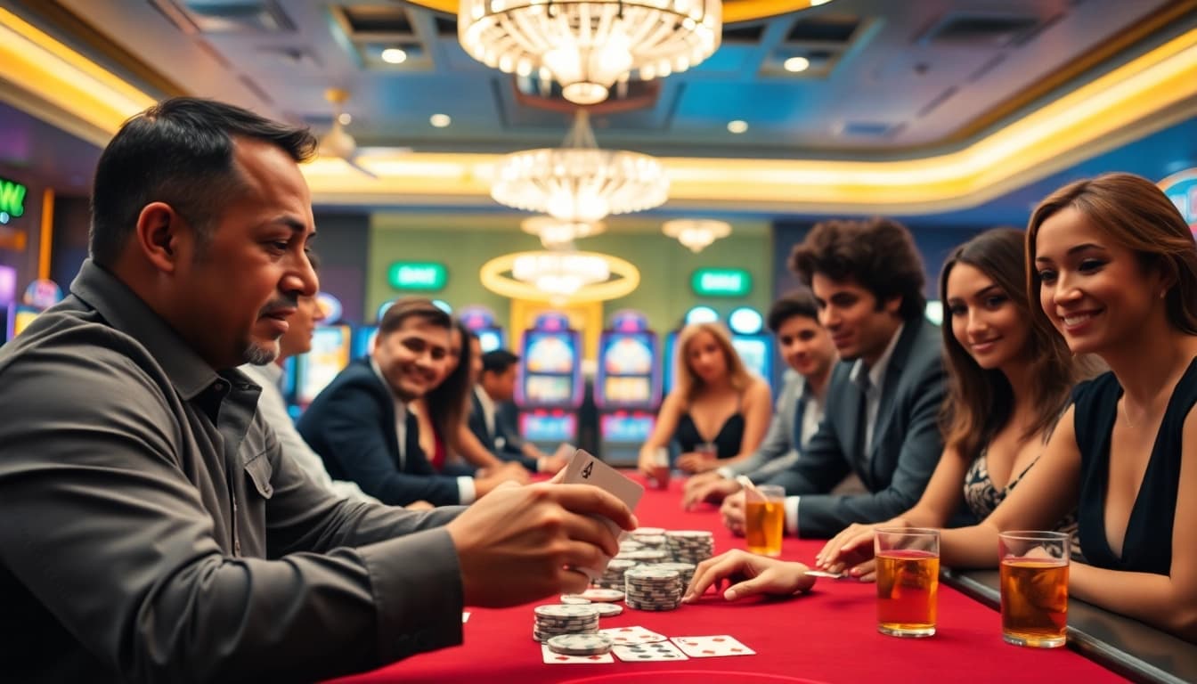 1777 bet login ব্যবহার করে ক্যাসিনোতে জাপটে ধরে এলোমেলো কার্ড, উজ্জ্বল পরিবেশে খেলোয়াড়দের মুখাবয়ব।