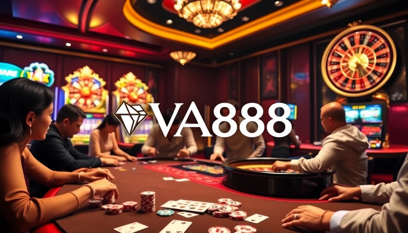 Experience high-stakes play at VA88 casino with poker and vibrant slot machines.