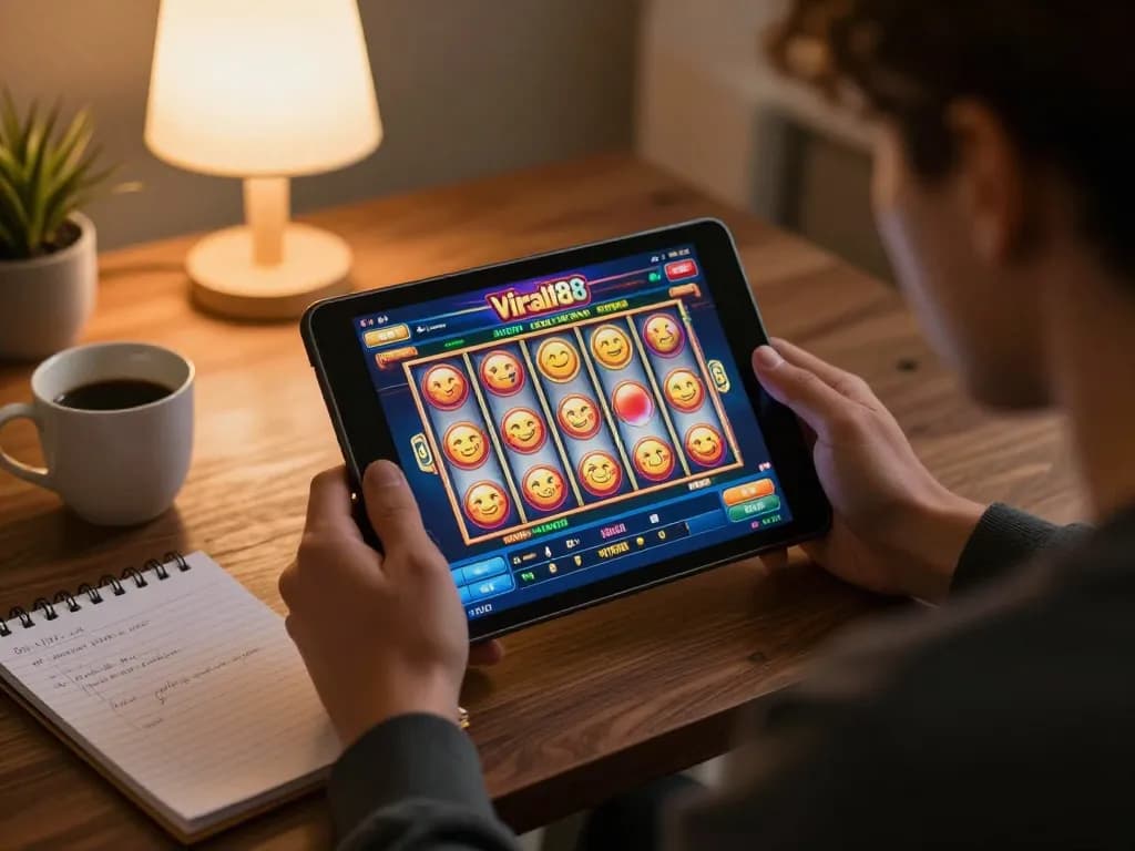Player engaging with viral88 slots on tablet in a cozy living room, emphasizing responsible gaming.