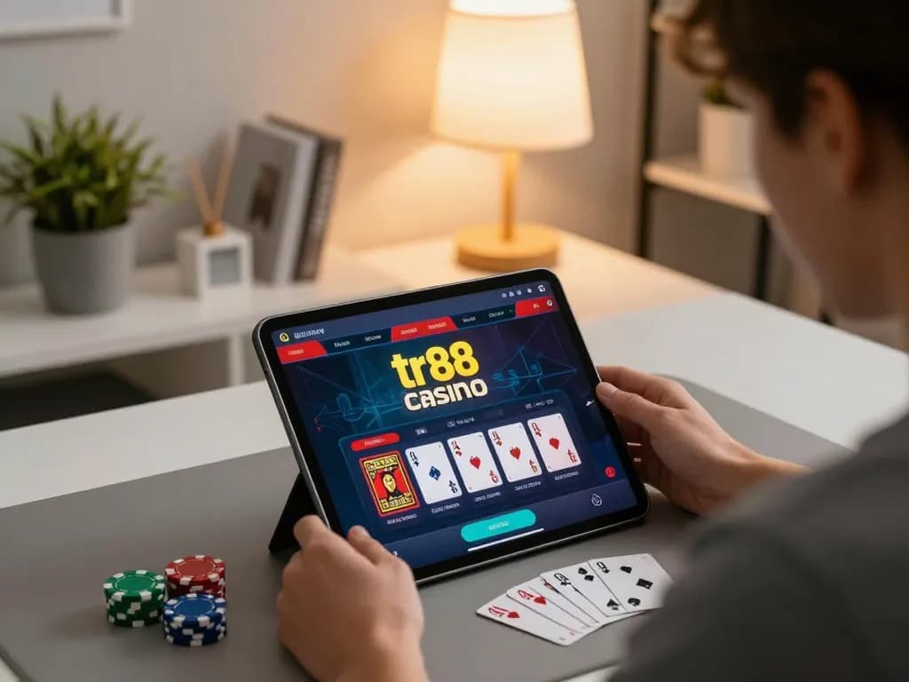 Engaging online gaming with tr88 app displayed on tablet in a cozy home setting