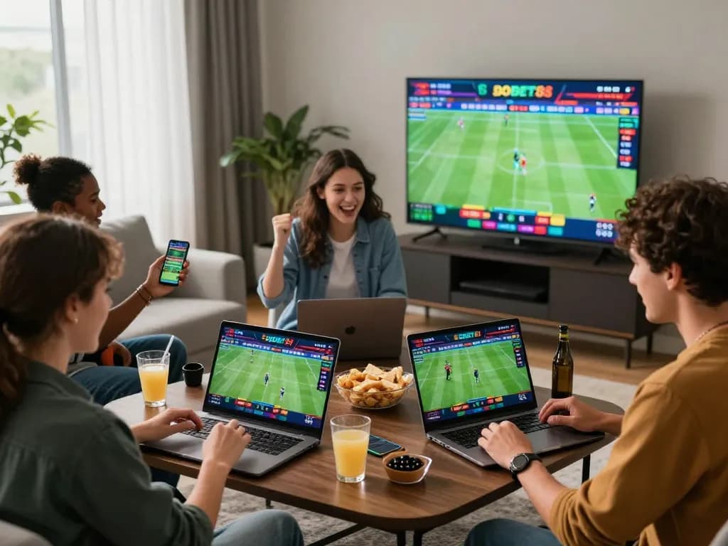 Friends enjoying an exciting SBOBET88 betting experience at home, celebrating wins during live sports events.