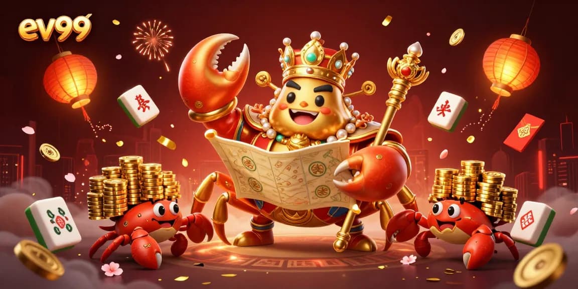 Join the golden crab emperor and his hermit crab servants at ev99's vibrant gaming scene.