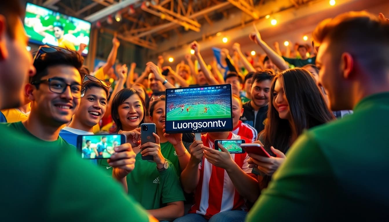 Exciting scene of fans watching live football matches on various devices with LuongSonTV streaming.