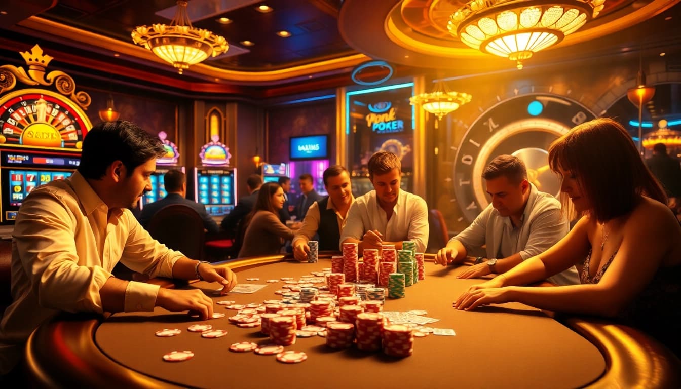 Play Idn Poker with vibrant casino elements highlighting excitement and strategy.