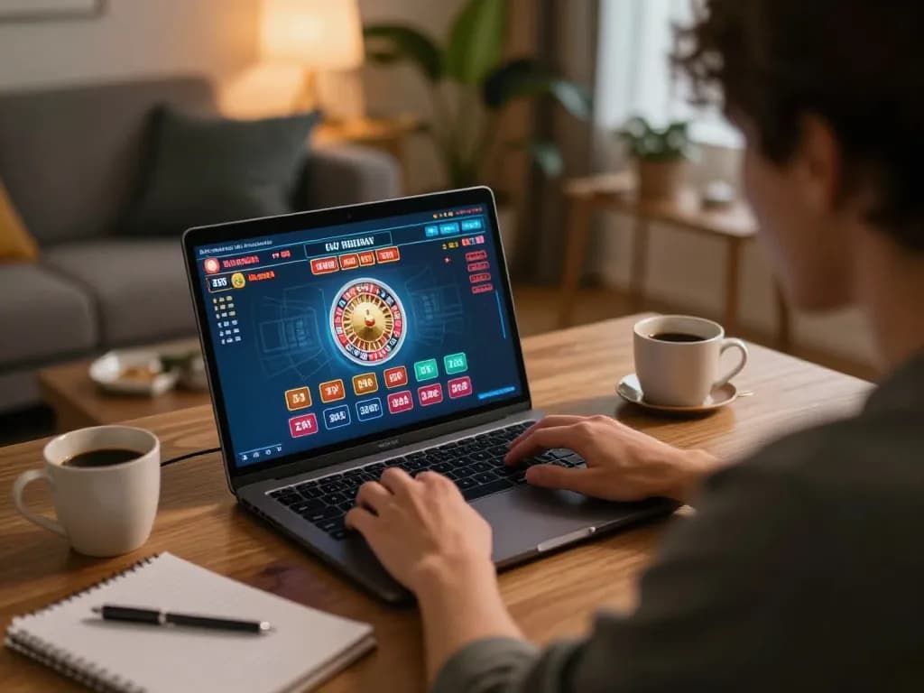88vin player engaging in online roulette while strategizing at home, cozy atmosphere with personal touches