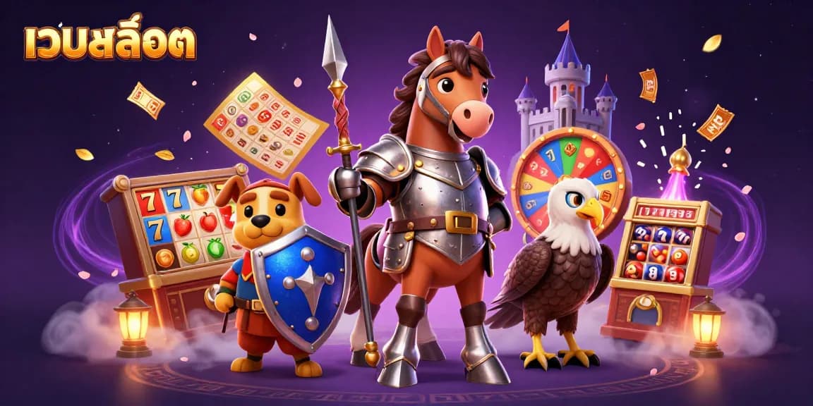 Engage with เว็บสล็อต through this colorful 3D illustration featuring a knight and dynamic game elements.