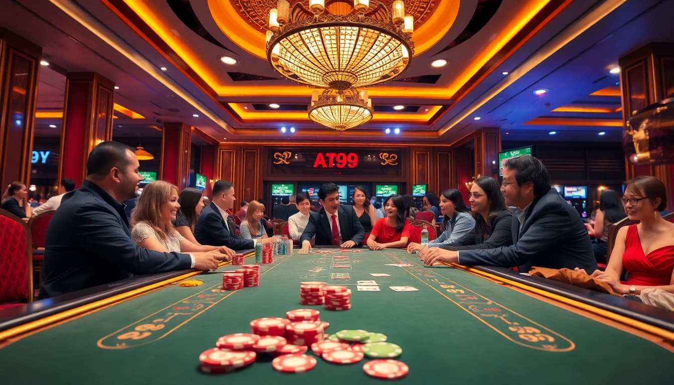 Engage with the vibrant atmosphere of AT99娛樂城 filled with players at a casino table.