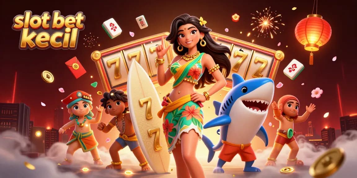 Experience the fun of slot bet kecil with a glamorous beach goddess and cartoon shark surrounded by vibrant casino elements.