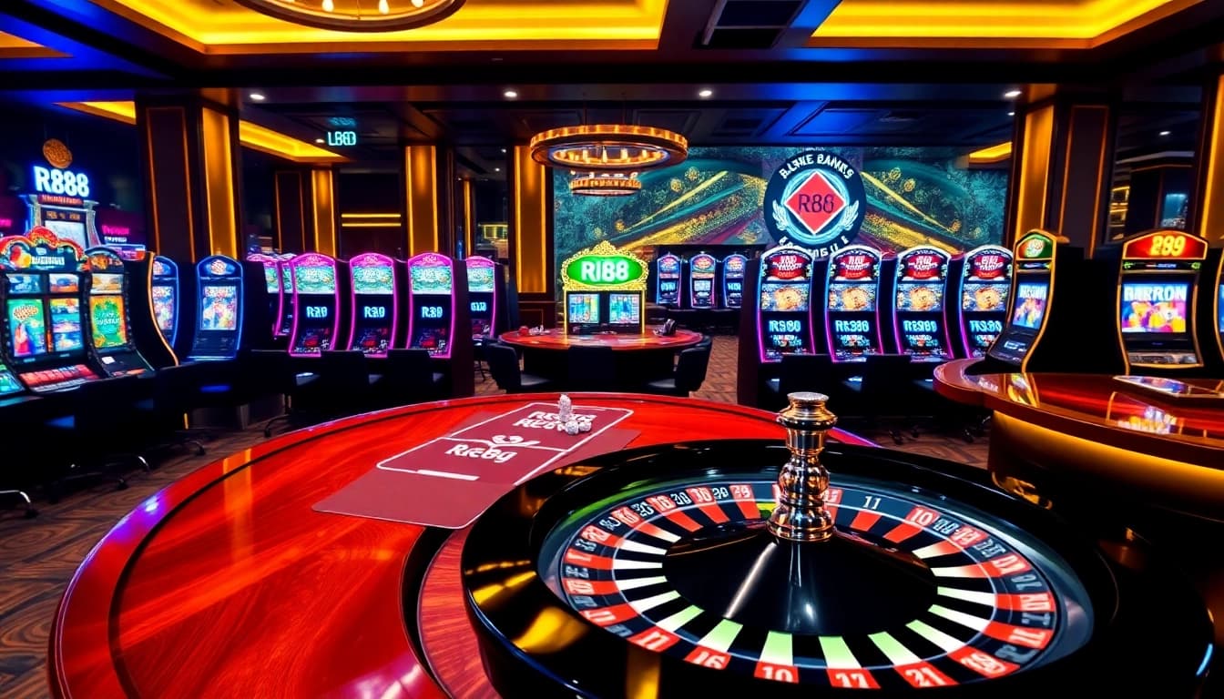 Experience the thrill of gaming at RR88 with a vibrant poker scene showcasing modern casino elements.