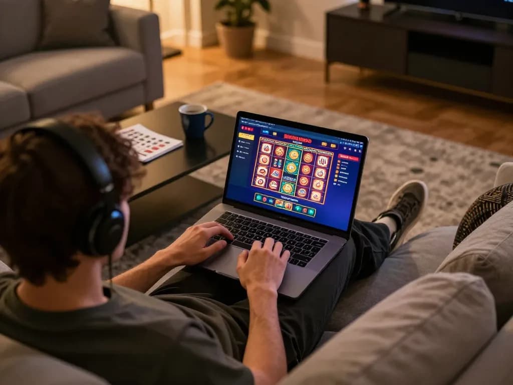 Keadaan permainan kasino online Bintangmpo dengan seorang pemain terlibat dalam permainan poker laptop di rumah.