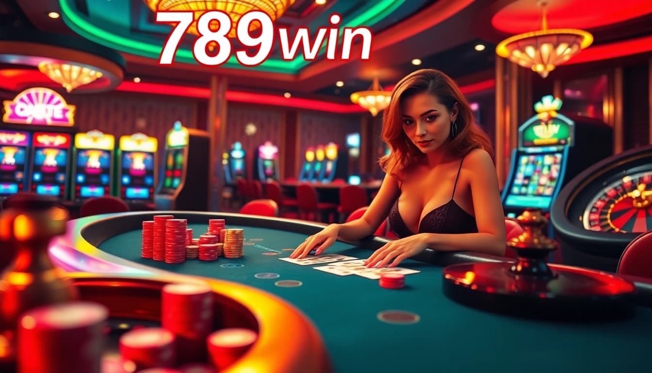 A thrilling blackjack table with a glamorous player and stacks of chips highlights the excitement of gambling at 789win.