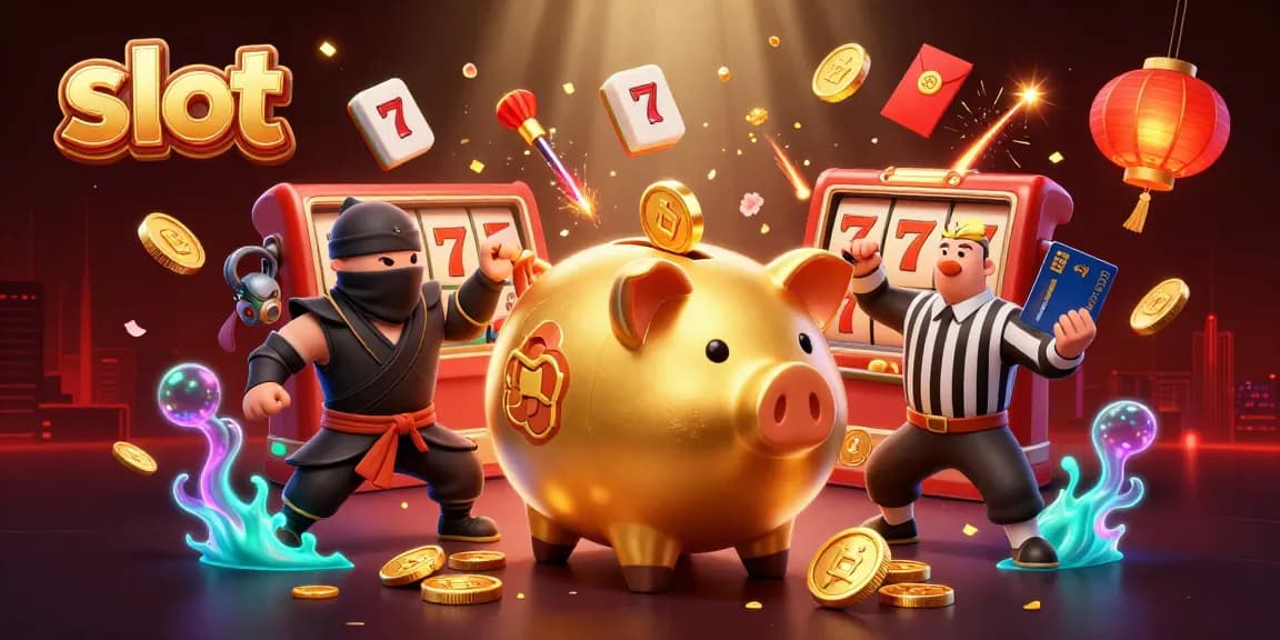 Slot menarik dengan karakter unik dan elemen kasino dalam ilustrasi 3D yang penuh warna