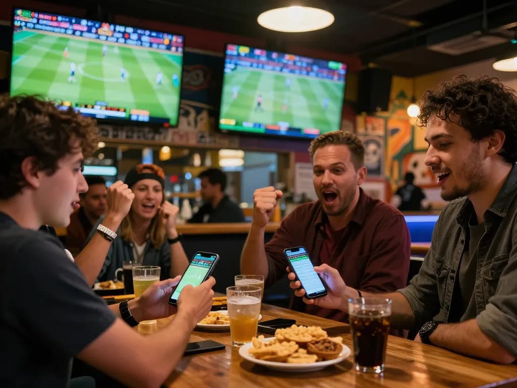 Exciting sports betting South Africa scene with friends placing live bets on soccer games at a bar.