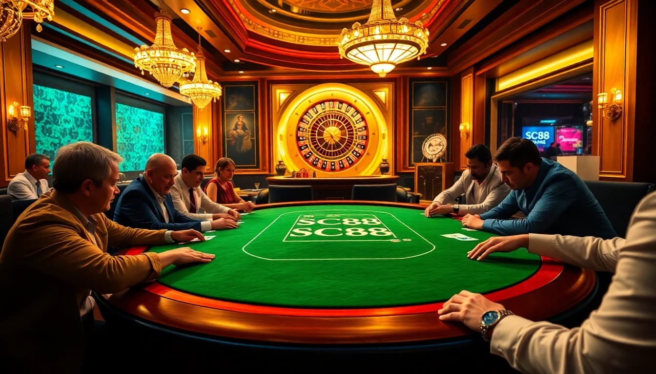 Experience the thrill of SC88 poker at a luxurious casino table surrounded by vibrant players.