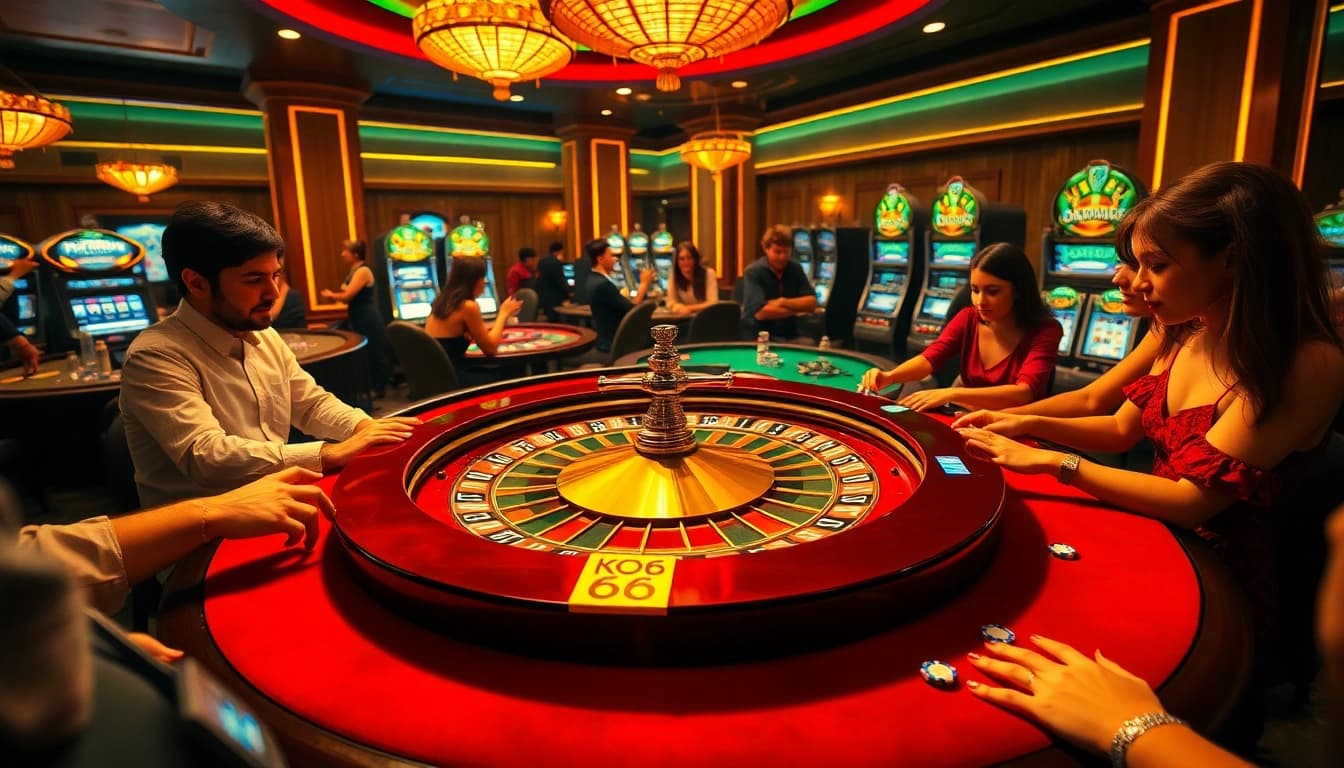 Sự phấn khích khi đánh bạc tại sòng bạc KO66 với người chơi tại bàn roulette và máy đánh bạc.