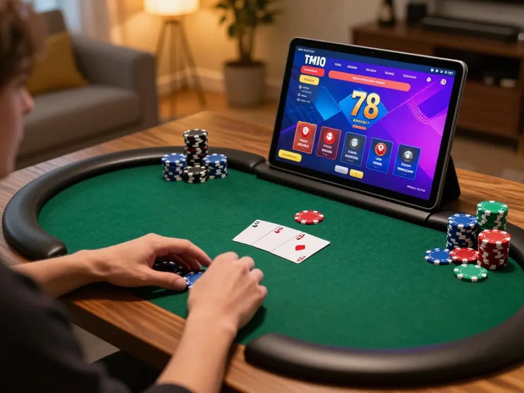 Player enjoying an engaging poker game on the 789p casino app in a cozy home setting