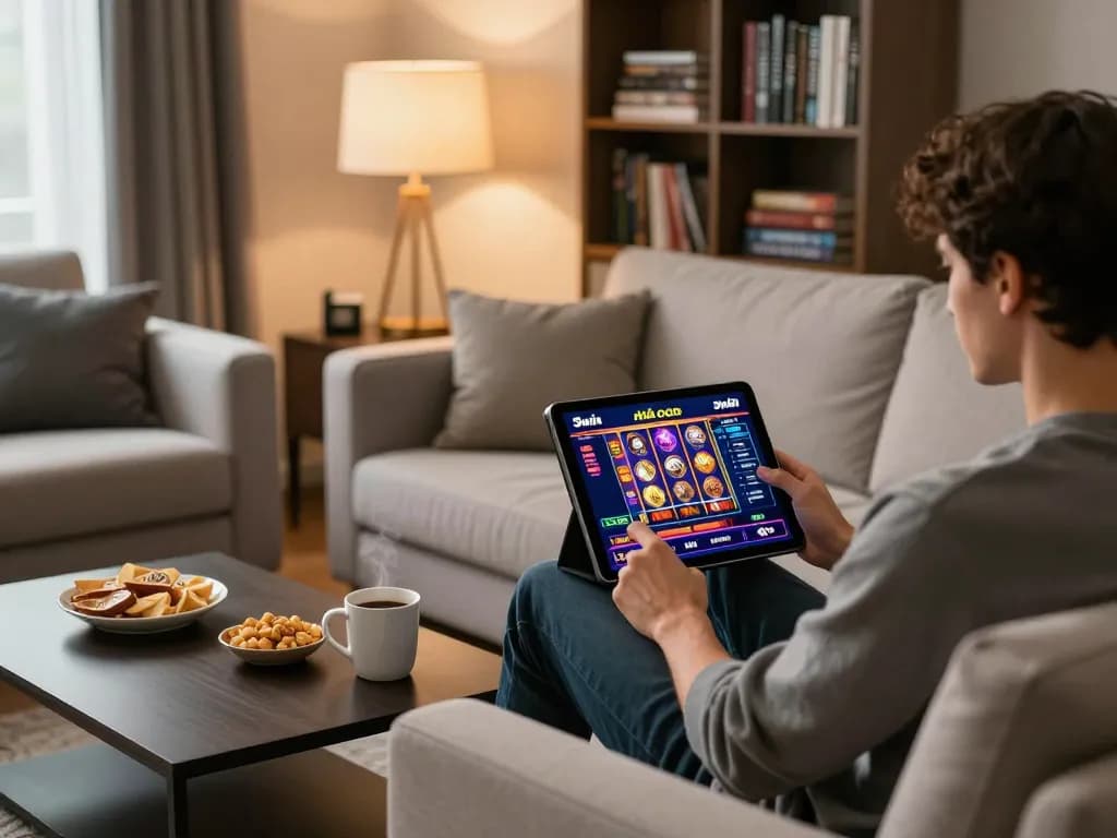 Engaged player using tablet at nhà cái 3win interface, showcasing online gambling enjoyment.