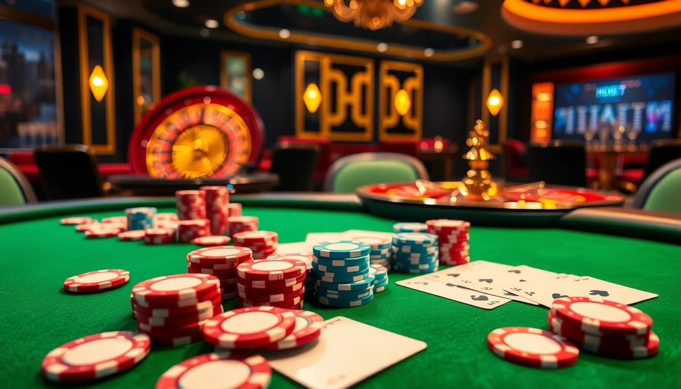 Exciting HDBET poker game at a luxurious casino table with vibrant poker chips and cards.