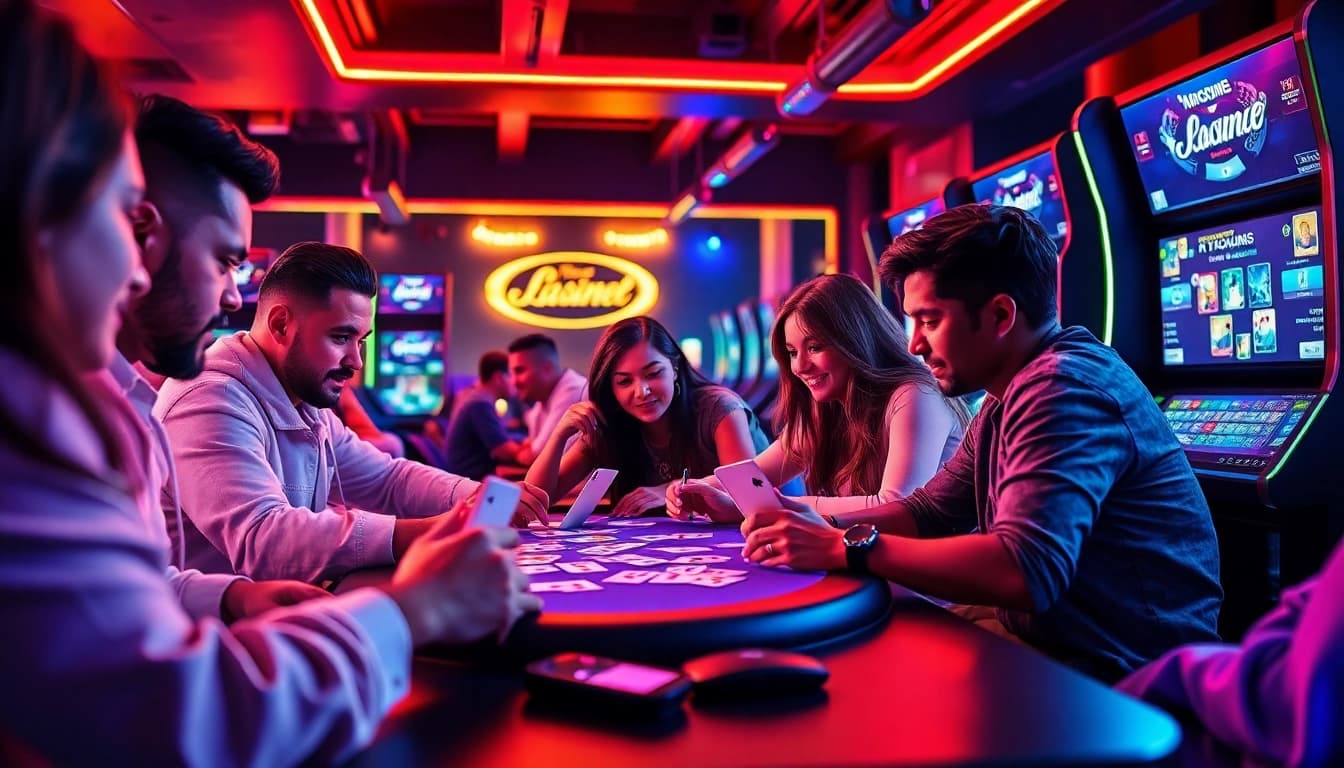 Hitclub gaming scene with diverse players enjoying card games in a vibrant lounge.