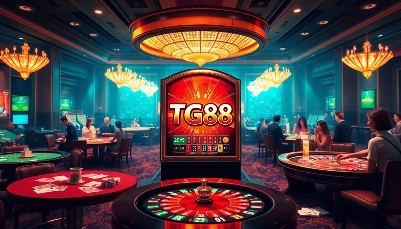 Experience the excitement of TG88 while playing on a luxurious slot machine in this vibrant casino scene.