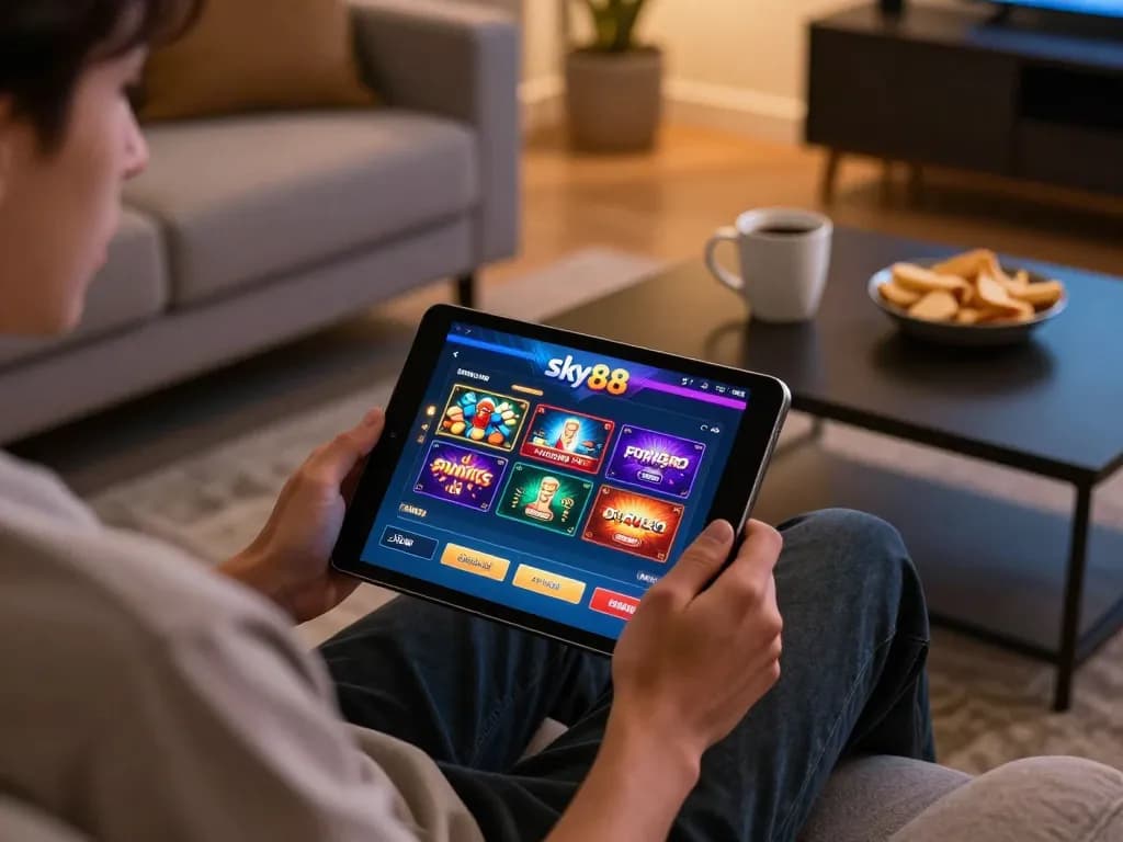 Player engaging with the sky88 online casino interface on a tablet in a cozy home setting, showcasing strategic gameplay.