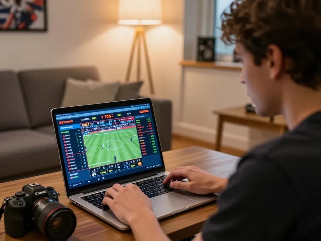 Engaged bettor reviewing live sports odds on TOPBET from a cozy home setup.