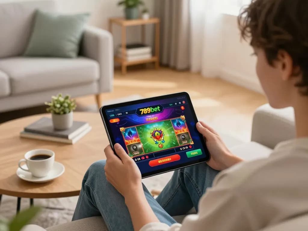 Player engaging with 789bet gaming app on tablet in cozy home setting, showcasing online gambling activity.