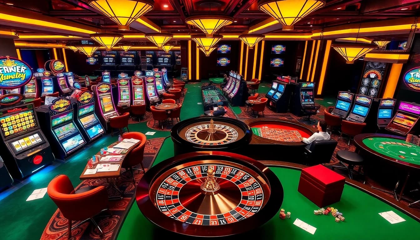 Hello88 casino scene with active poker table, vibrant slot machines, and a roulette wheel.