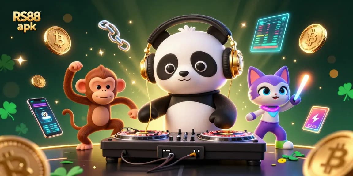 Experience fun with RS88 apk in a vibrant, packed casino scene featuring playful characters.