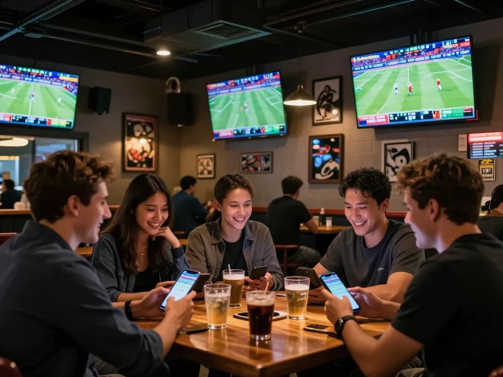 Patrons engaged in sports betting at a lively sports bar while using their smartphones for debet.