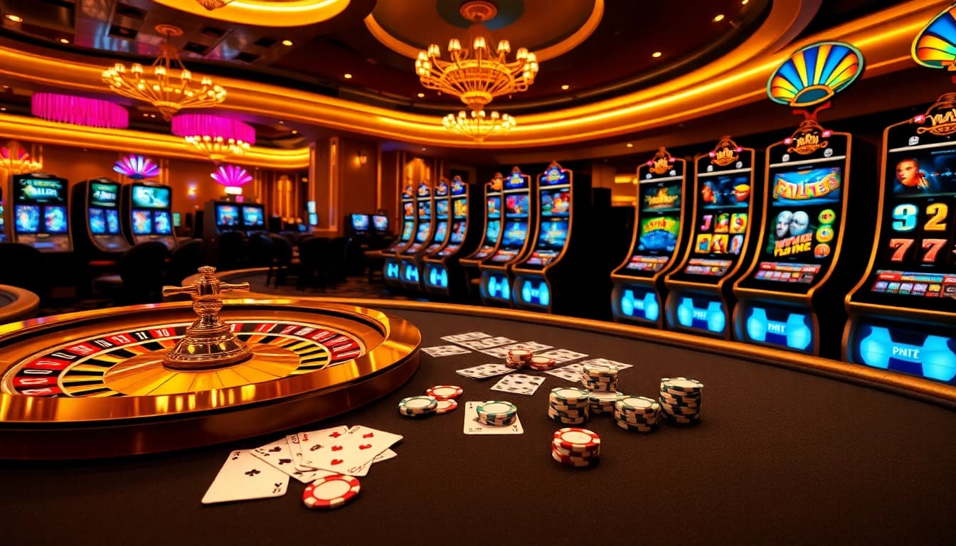 i9bet players enjoying a vibrant online casino experience with poker chips and illuminated slot machines.