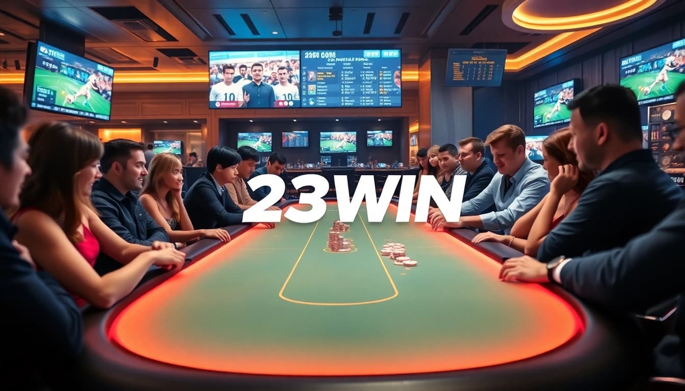 Experience the excitement of 23win's online casino with vibrant gaming scenes and elegant interiors.