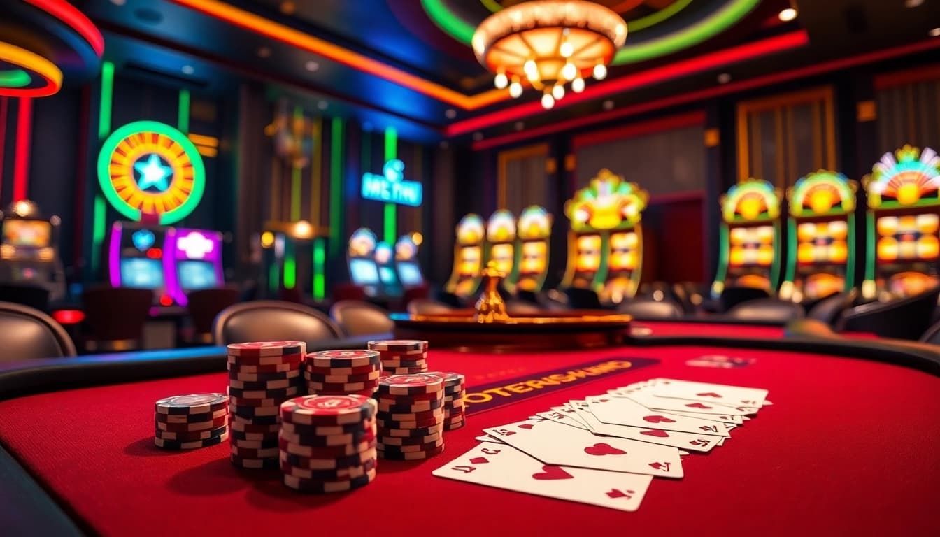 High-stakes casino action with vibrant 7M-themed blackjack and roulette tables in an upscale setting.