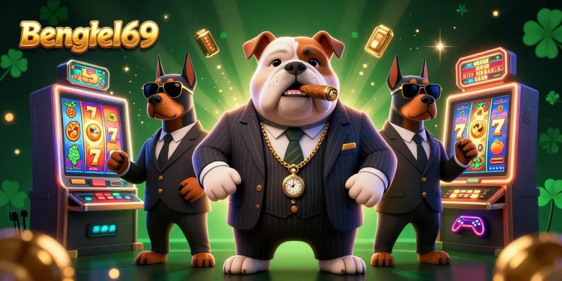 Bengkel69 offers exciting slot games with dynamic characters and vibrant animations in this casino-themed illustration.