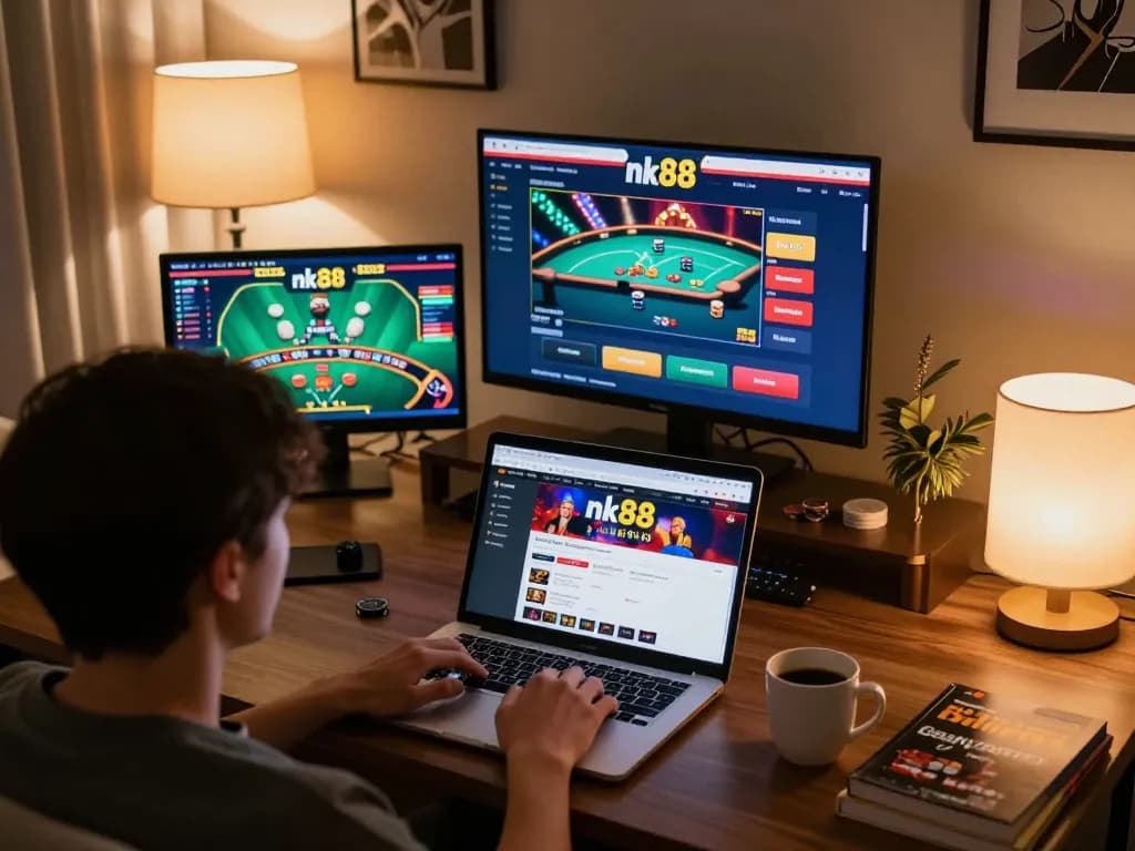 Engaging in online nk88 gaming session at home with strategic materials.