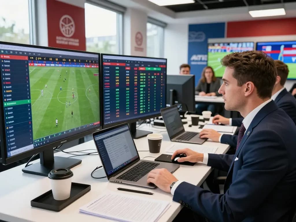Analysis of Tỷ lệ kèo malaysia in a modern sports betting studio with screens displaying match statistics.