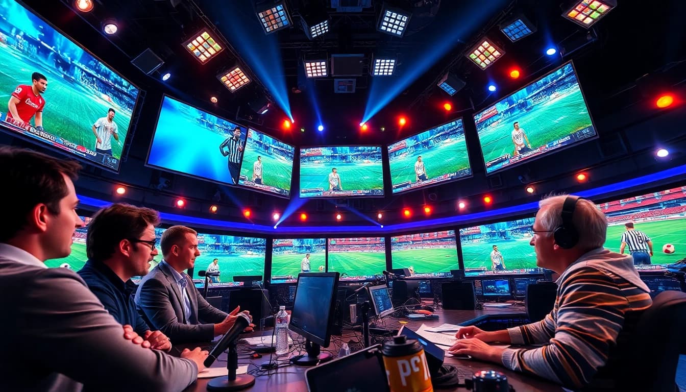Dynamic sports broadcasting studio with commentators engaging in live discussions about Sports Broadcasting.