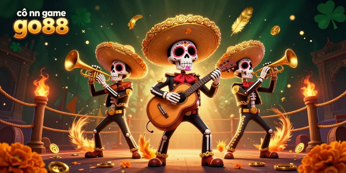 Experience the thrill at cổng game go88 with a vibrant 3D illustration of a lively mariachi band amidst casino elements.