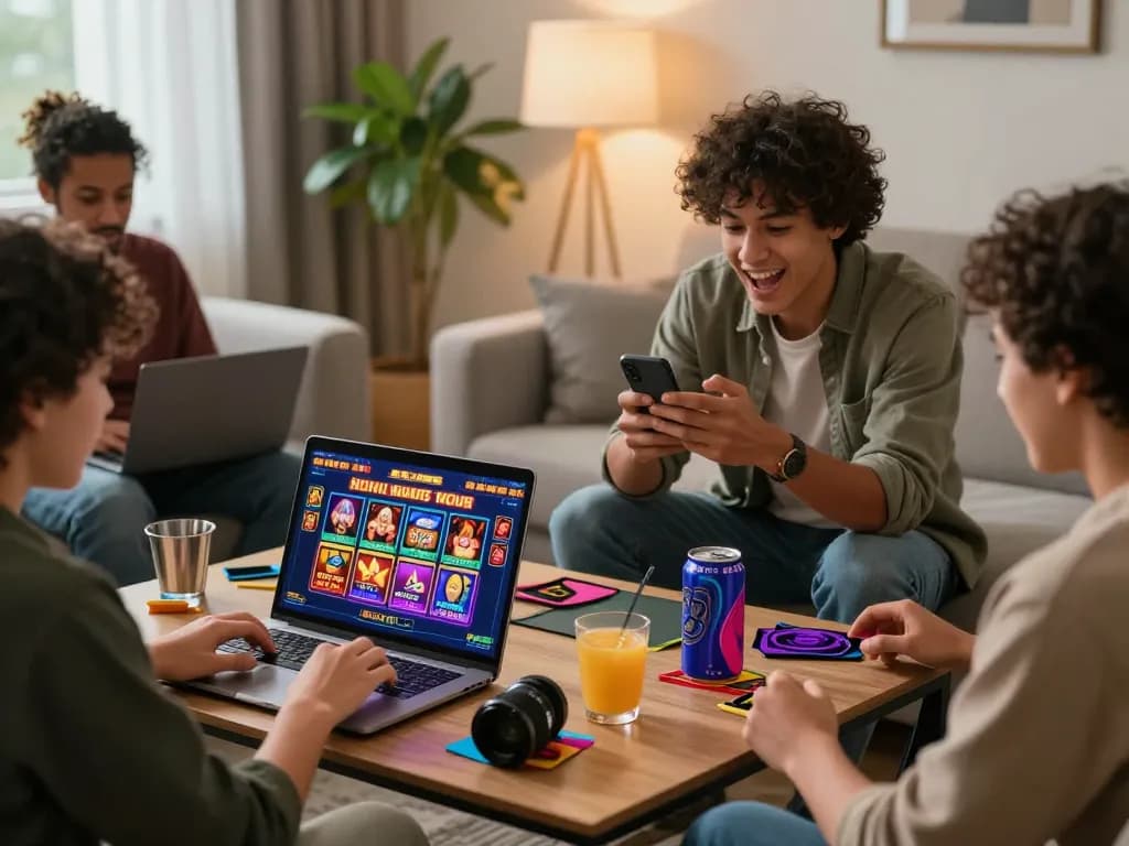 Online gaming players engaging with hm88 casino, featuring vibrant game interfaces and promotional bonuses in a modern setting.