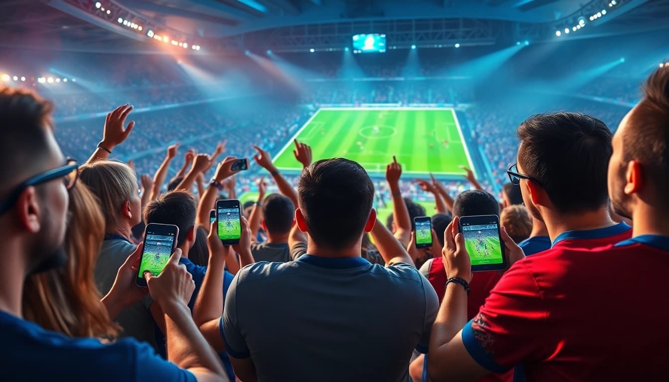 Socolive broadcast of a thrilling live football match viewed on multiple devices by excited fans.