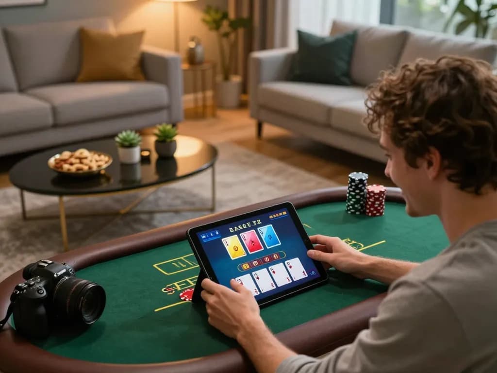 Excited user playing m99 blackjack live dealer game on tablet in stylish home setup