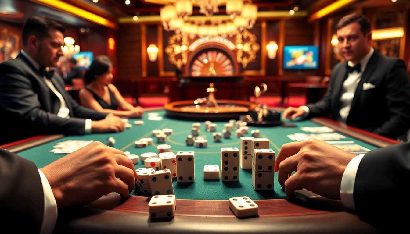 Engaging gameplay on a Dominoqiu table, showcasing vibrant casino elements and players strategizing.