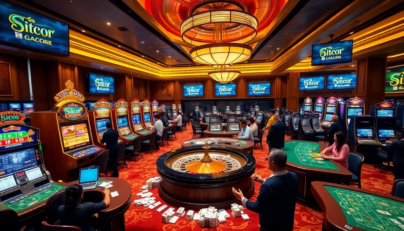 Excited players enjoying their experience at a Situs Gacor casino with colorful slot machines.