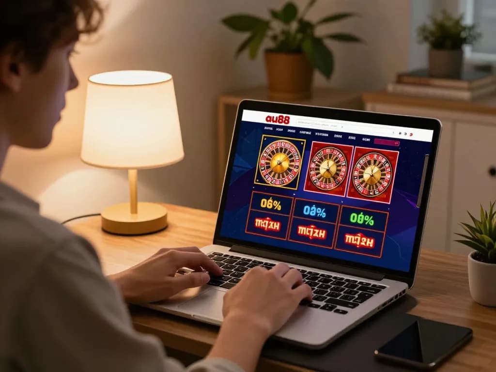 Player engaging in online gambling at au88 casino, showcasing excitement and strategy in a cozy setting.