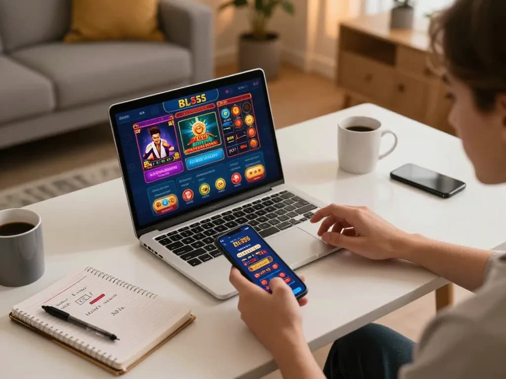 BL555 user engaging with a casino app on a smartphone in a cozy home office setup